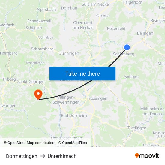 Dormettingen to Unterkirnach map