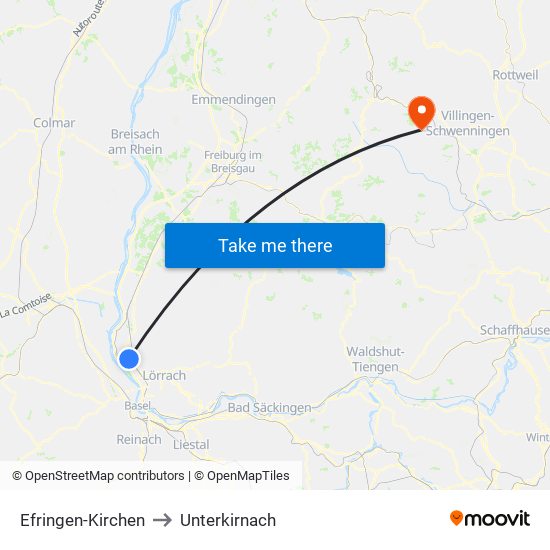 Efringen-Kirchen to Unterkirnach map