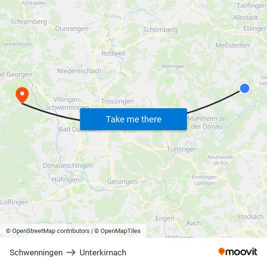 Schwenningen to Unterkirnach map