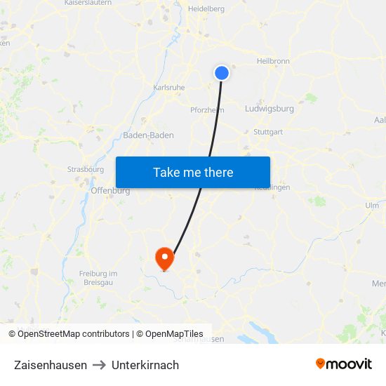 Zaisenhausen to Unterkirnach map