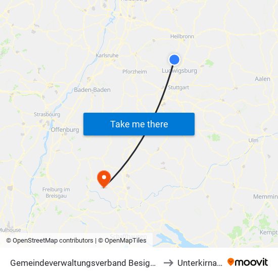 Gemeindeverwaltungsverband Besigheim to Unterkirnach map