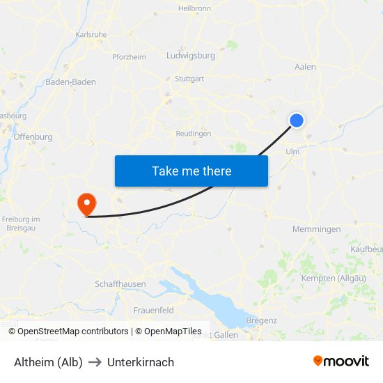 Altheim (Alb) to Unterkirnach map