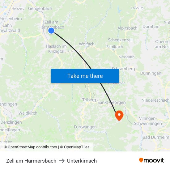 Zell am Harmersbach to Unterkirnach map