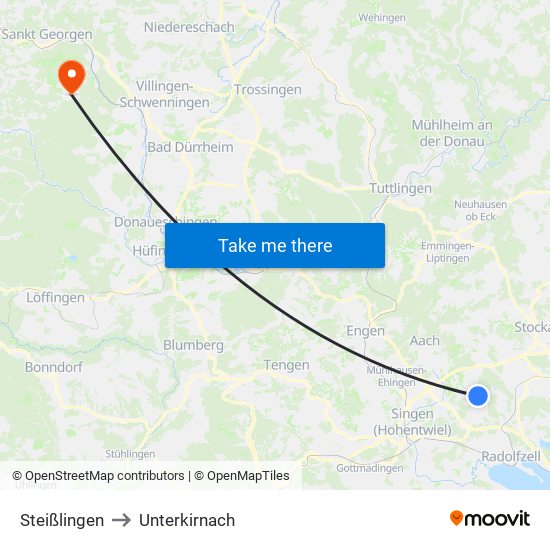 Steißlingen to Unterkirnach map