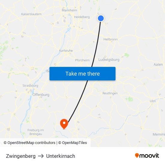 Zwingenberg to Unterkirnach map