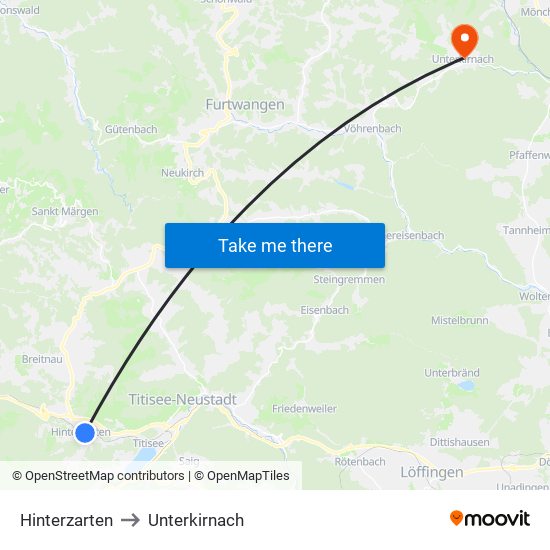 Hinterzarten to Unterkirnach map