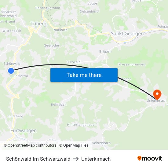 Schönwald Im Schwarzwald to Unterkirnach map