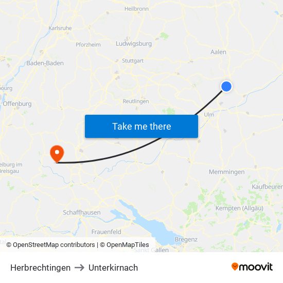 Herbrechtingen to Unterkirnach map