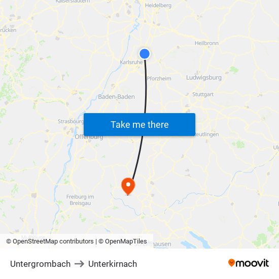 Untergrombach to Unterkirnach map