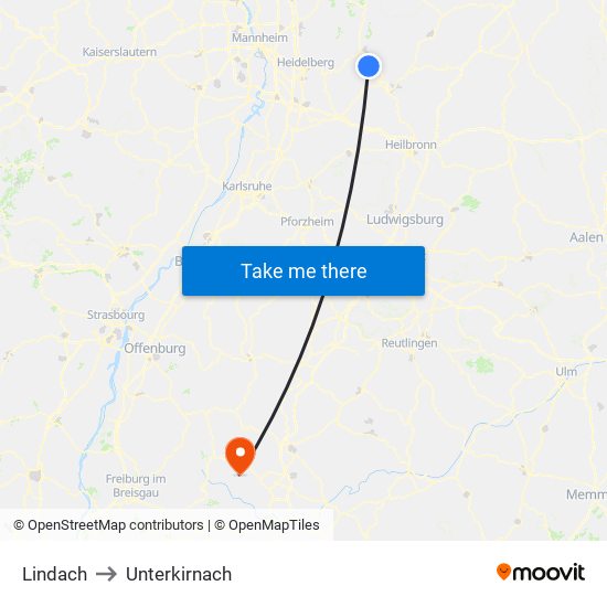 Lindach to Unterkirnach map