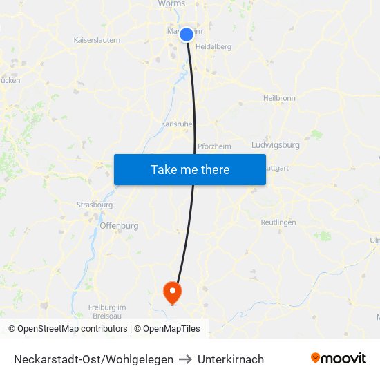 Neckarstadt-Ost/Wohlgelegen to Unterkirnach map