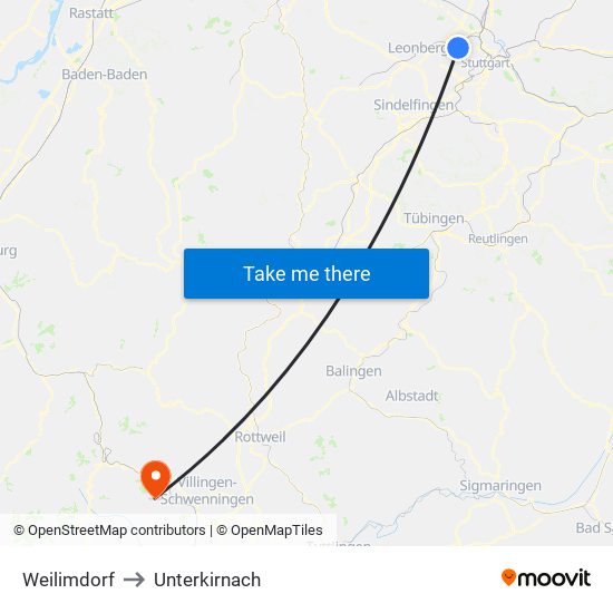 Weilimdorf to Unterkirnach map