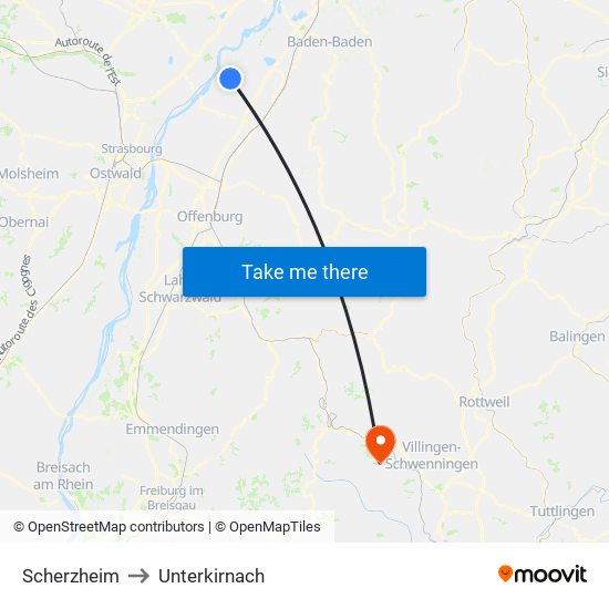 Scherzheim to Unterkirnach map