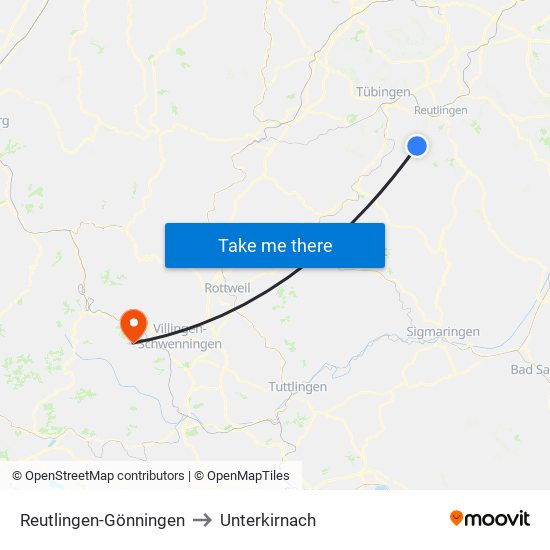 Reutlingen-Gönningen to Unterkirnach map