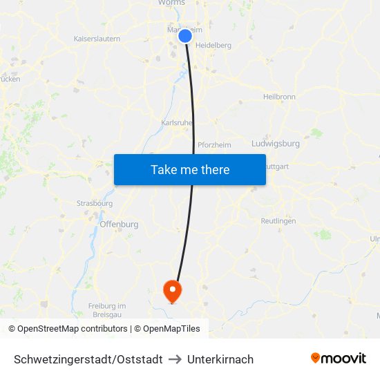 Schwetzingerstadt/Oststadt to Unterkirnach map
