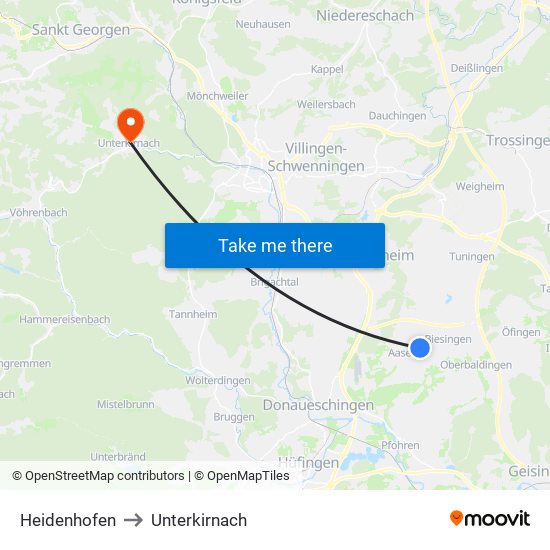 Heidenhofen to Unterkirnach map