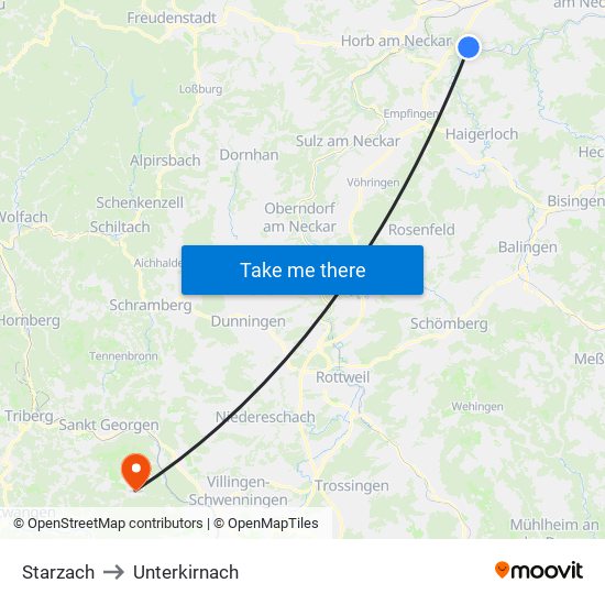 Starzach to Unterkirnach map