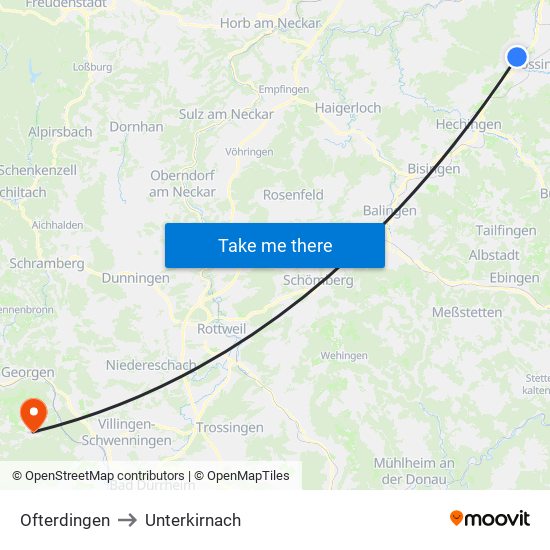 Ofterdingen to Unterkirnach map