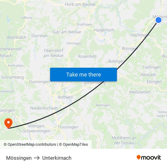 Mössingen to Unterkirnach map