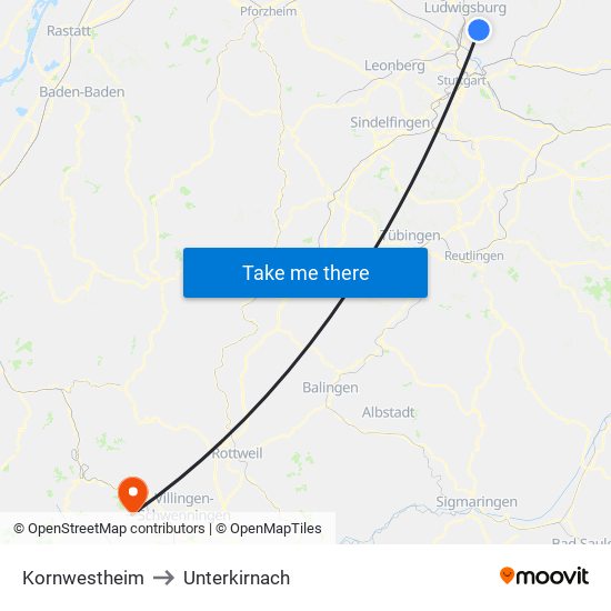 Kornwestheim to Unterkirnach map
