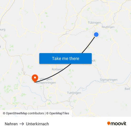 Nehren to Unterkirnach map