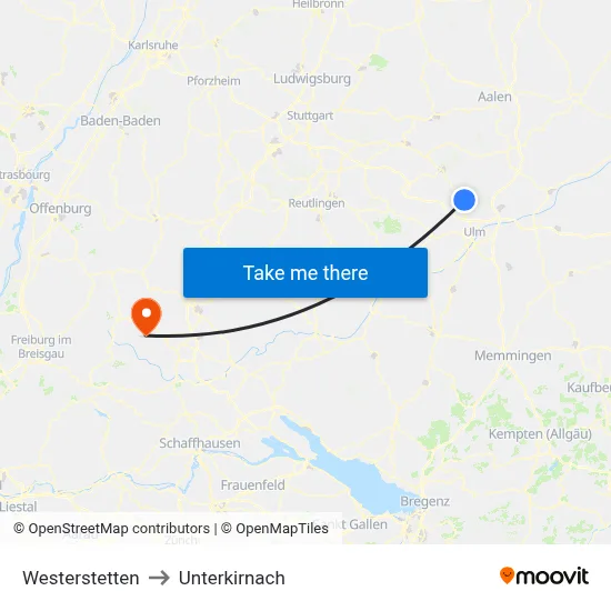 Westerstetten to Unterkirnach map
