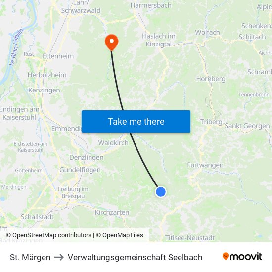 St. Märgen to Verwaltungsgemeinschaft Seelbach map