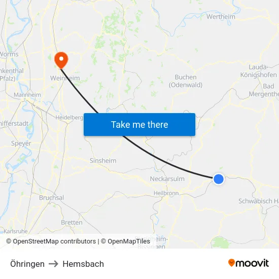 Öhringen to Hemsbach map