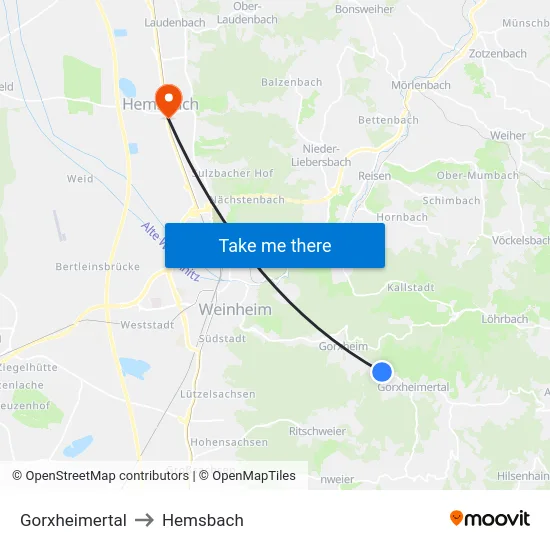 Gorxheimertal to Hemsbach map