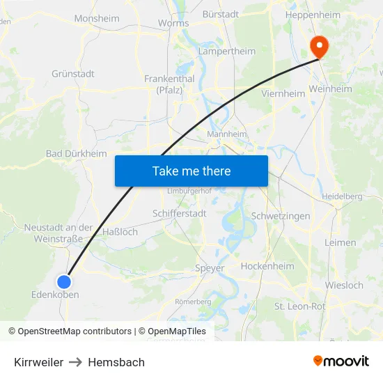 Kirrweiler to Hemsbach map
