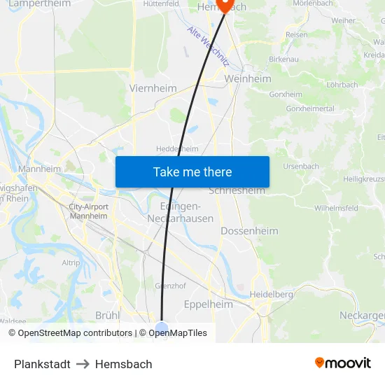 Plankstadt to Hemsbach map