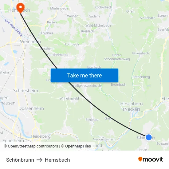 Schönbrunn to Hemsbach map
