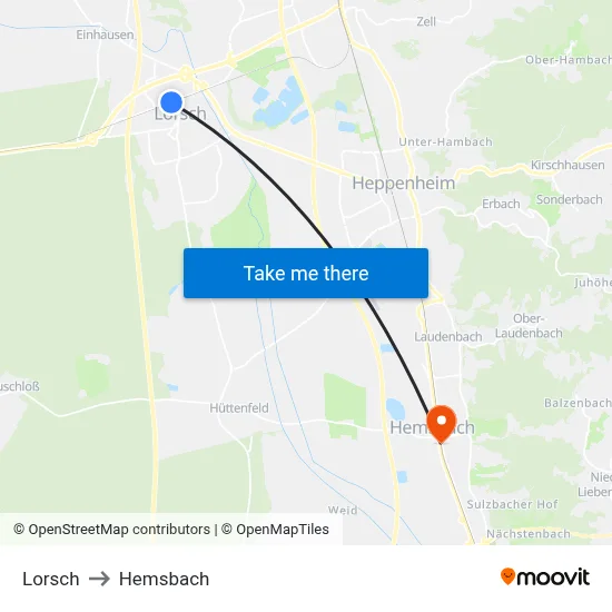 Lorsch to Hemsbach map