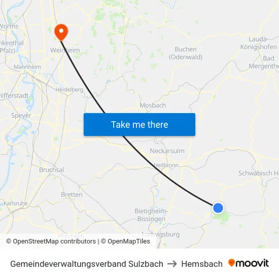 Gemeindeverwaltungsverband Sulzbach to Hemsbach map