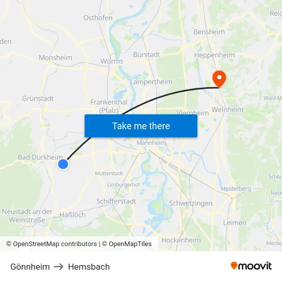 Gönnheim to Hemsbach map