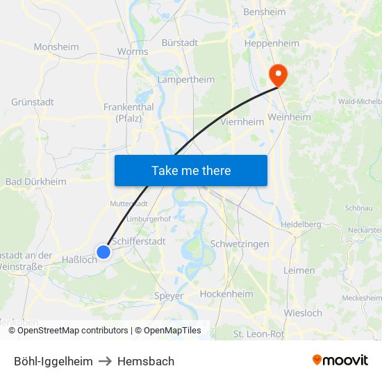 Böhl-Iggelheim to Hemsbach map