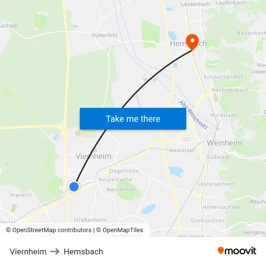 Viernheim to Hemsbach map