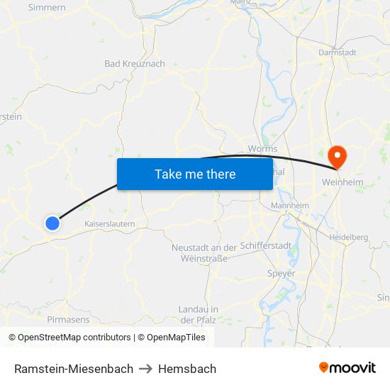 Ramstein-Miesenbach to Hemsbach map