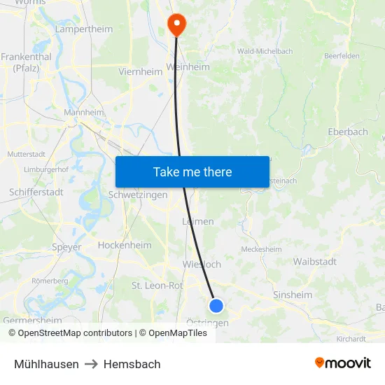 Mühlhausen to Hemsbach map