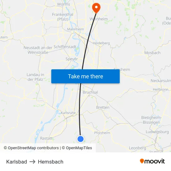 Karlsbad to Hemsbach map