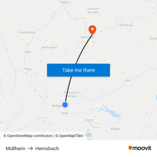 Müllheim to Hemsbach map