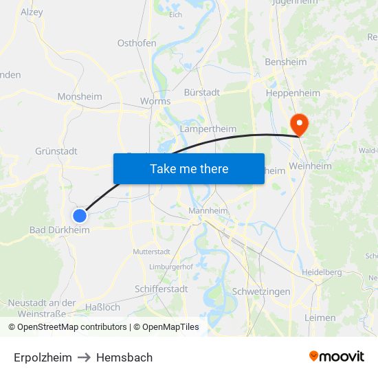 Erpolzheim to Hemsbach map