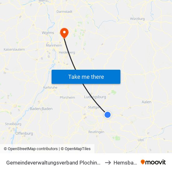 Gemeindeverwaltungsverband Plochingen to Hemsbach map