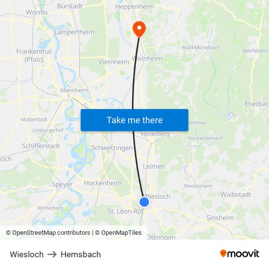 Wiesloch to Hemsbach map