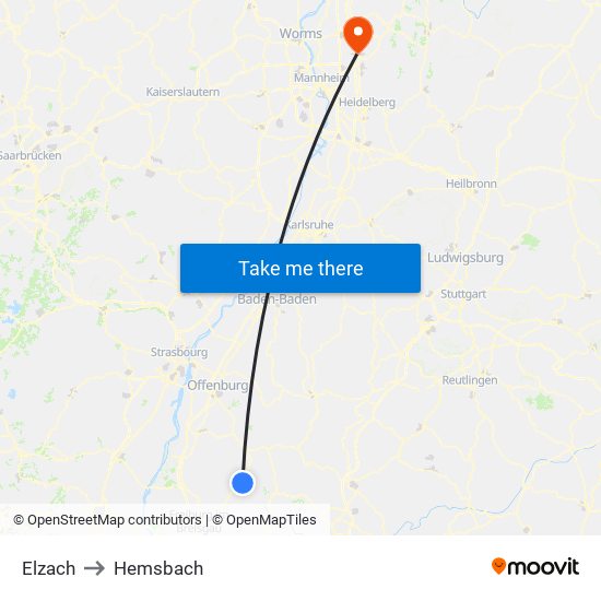 Elzach to Hemsbach map