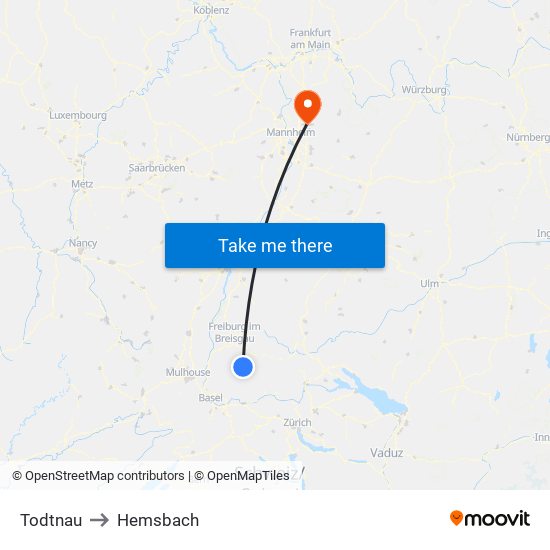 Todtnau to Hemsbach map