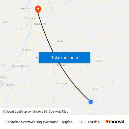 Gemeindeverwaltungsverband Laupheim to Hemsbach map