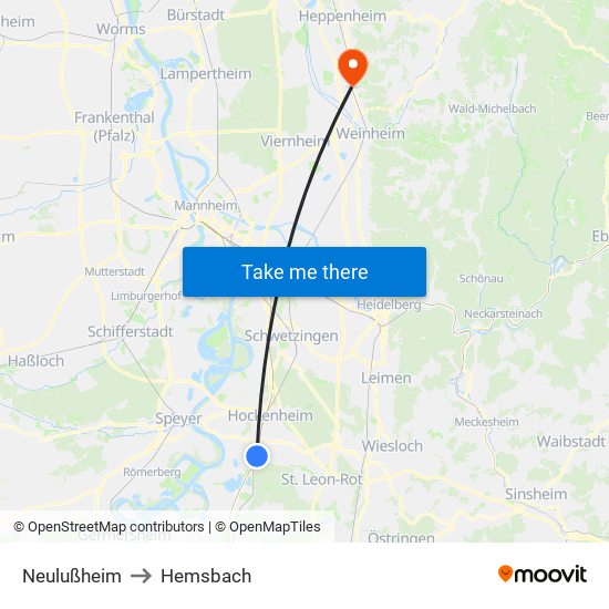 Neulußheim to Hemsbach map