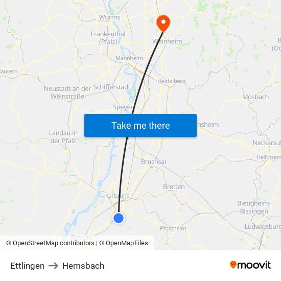 Ettlingen to Hemsbach map