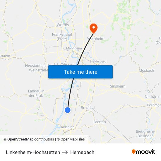 Linkenheim-Hochstetten to Hemsbach map